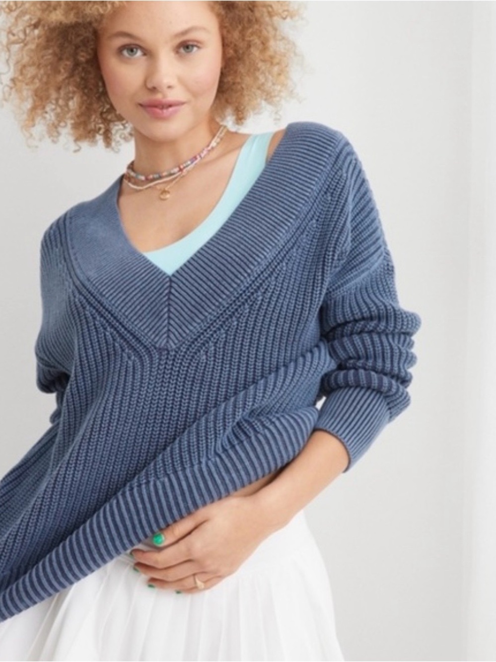 aerie Dusty Blue Ribbed V-Neck Sweater